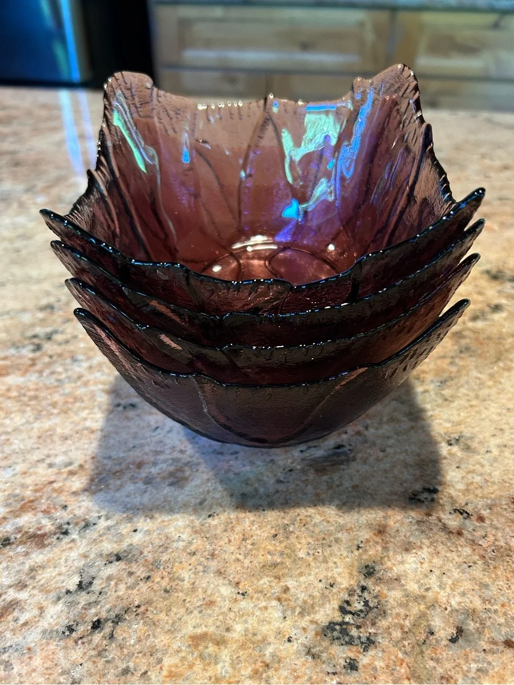 Arcoroc France (4) Set Amethyst Glass Cabbage/Sculpted Leaf Bowls 5.5”x3.5”